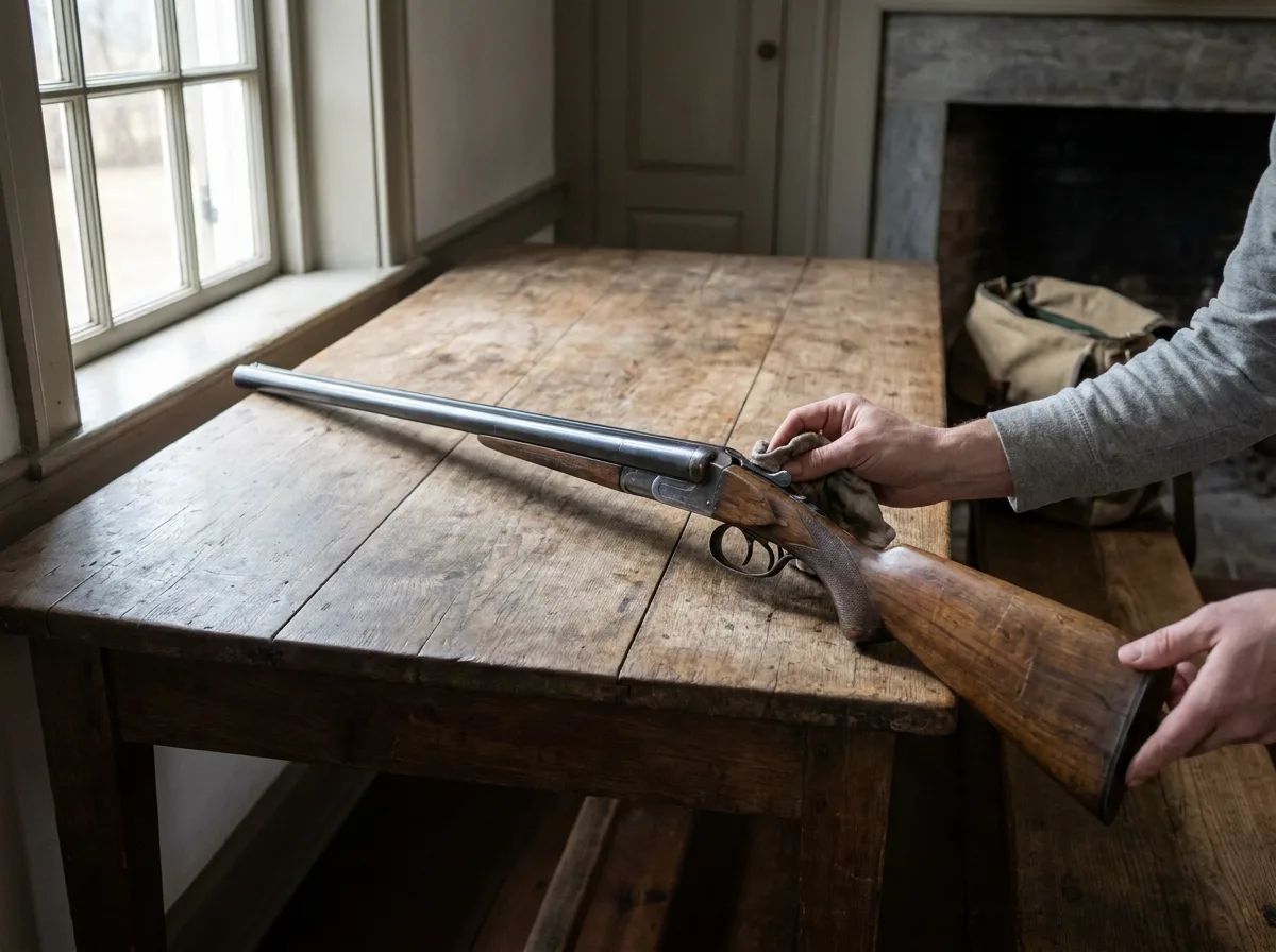 Double-barrel shotgun on wooden table with natural daylight