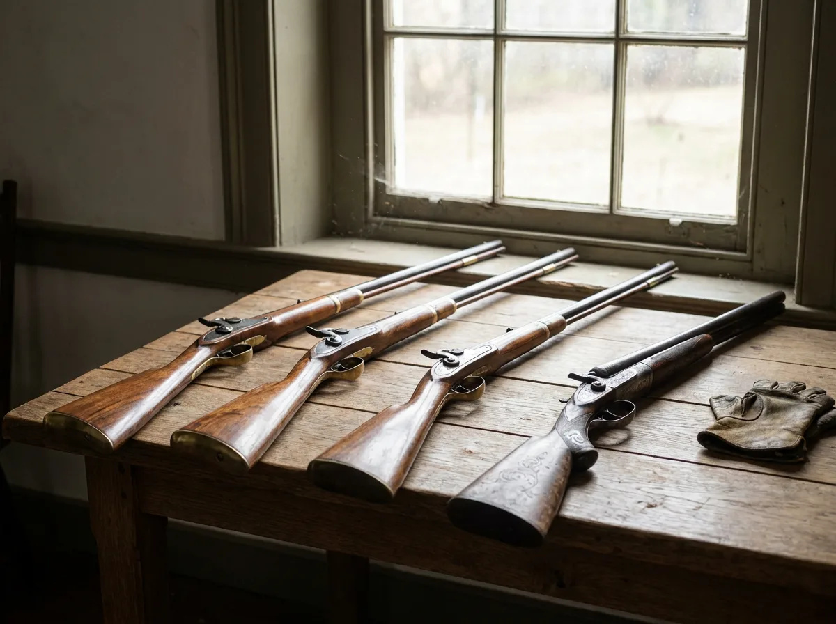 Antique rifles and vintage shotgun displayed on wooden table with natural window light