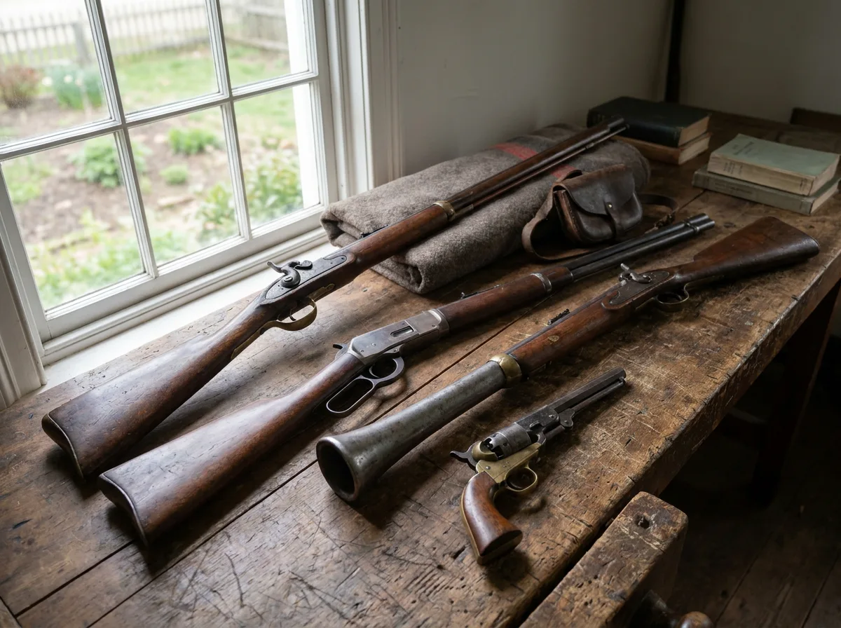 Antique rifles and vintage revolver arranged on wooden table in natural daylight