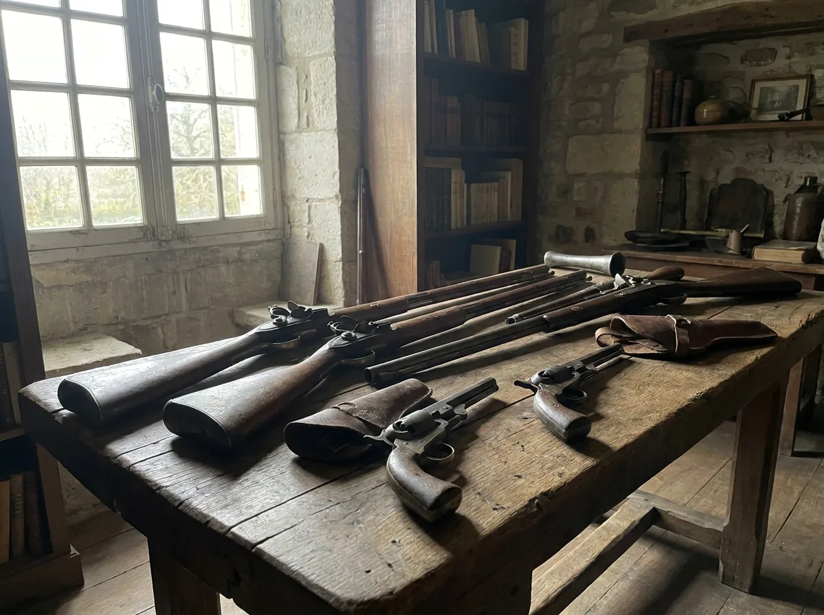 Antique rifles and handguns arranged on a rustic wooden table near a window