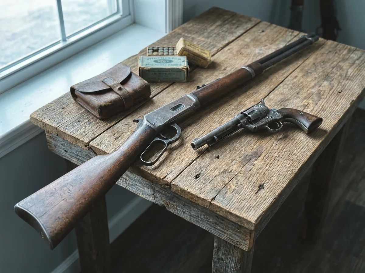 Vintage rifle and antique revolver on rustic wooden table with natural daylight