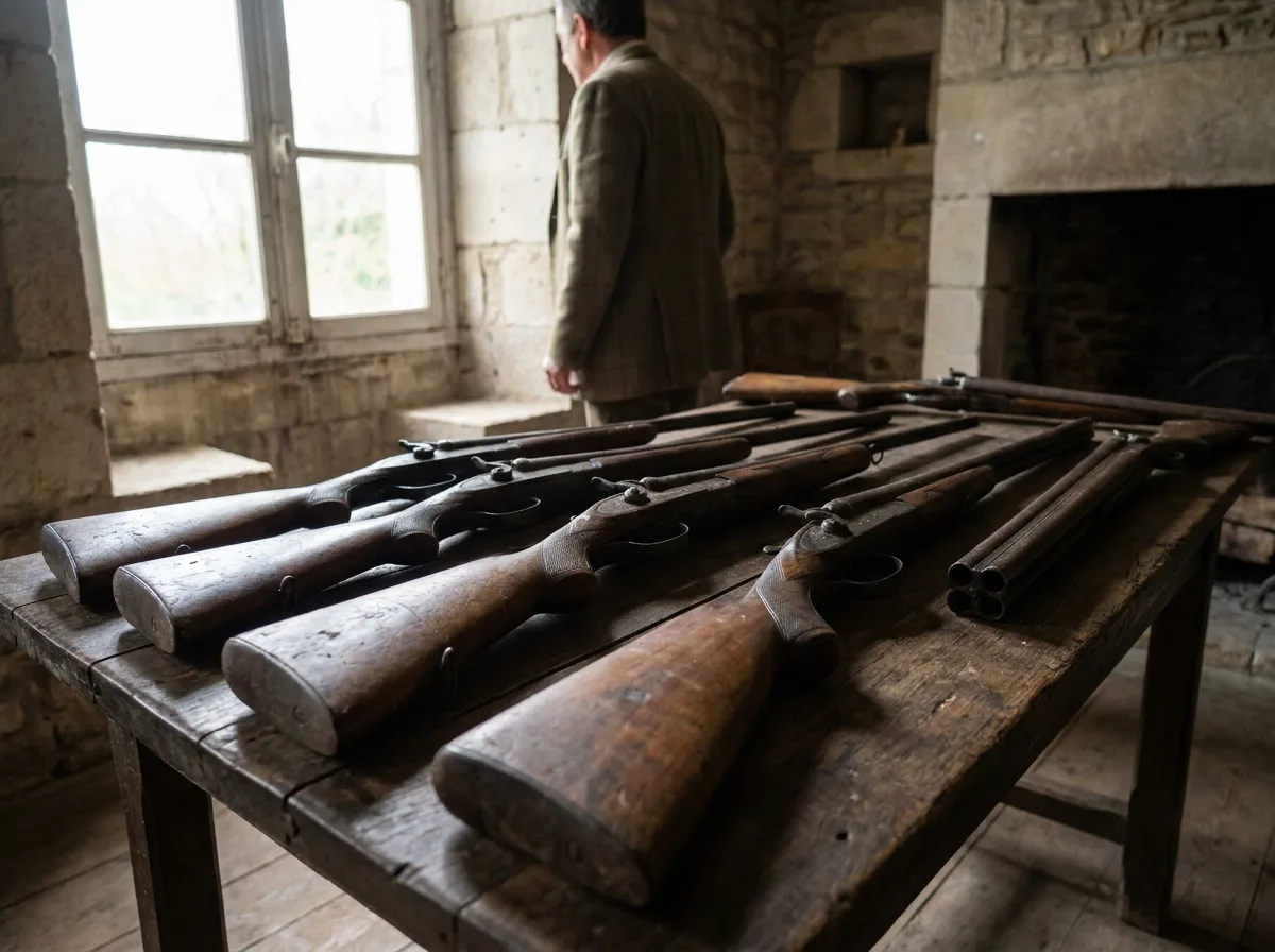 Antique rifles and shotgun arranged on wooden table with natural window light