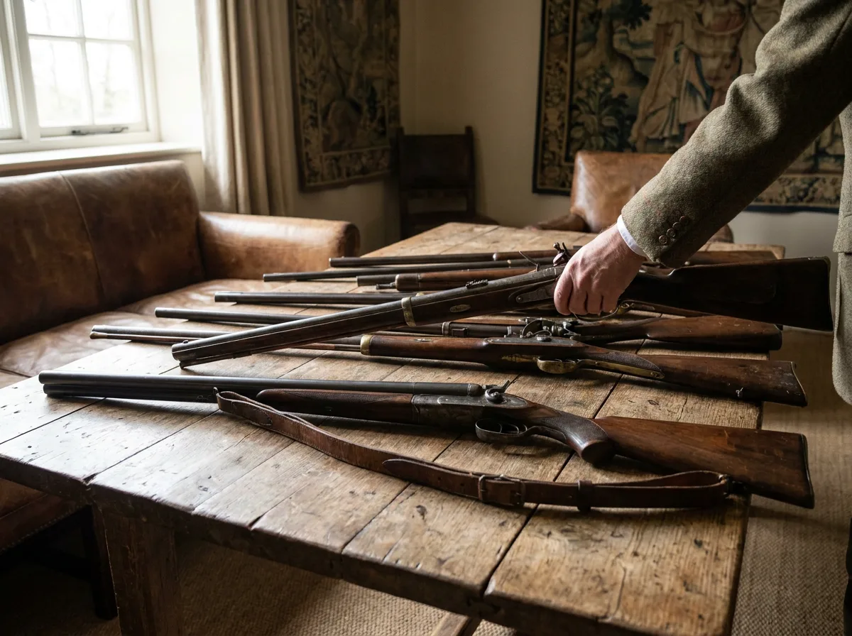 Antique rifles and vintage shotgun arranged on rustic wooden table with natural lighting