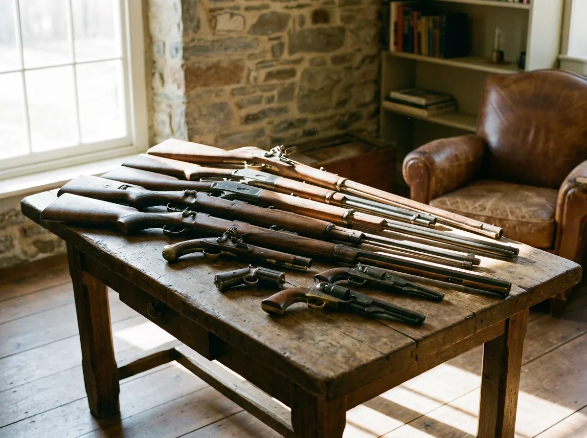 Antique rifles and handguns displayed on wooden table by sunlit window