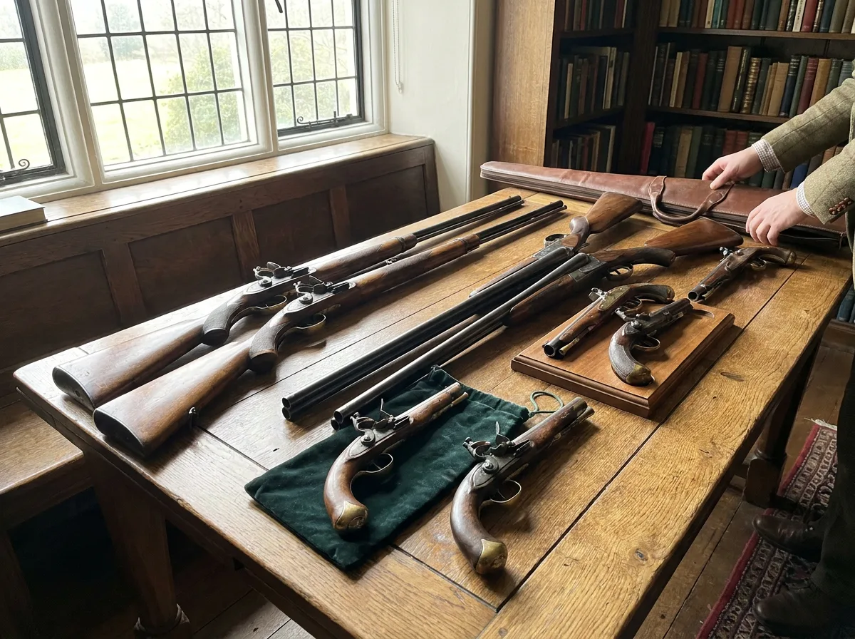 Antique firearms and shotguns displayed on a rustic wooden table in a sunlit room