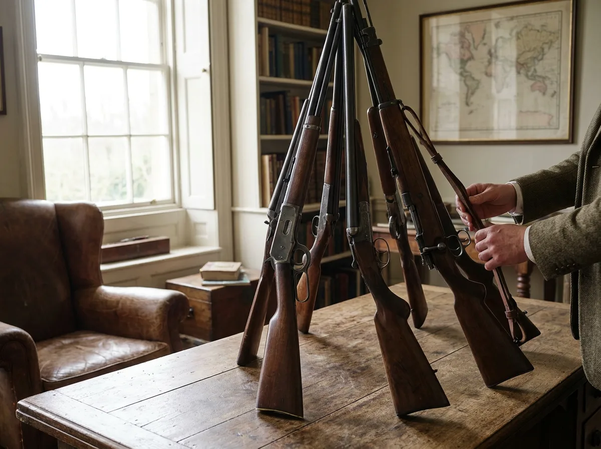 Rifles and shotguns displayed on wooden table in sunlit room