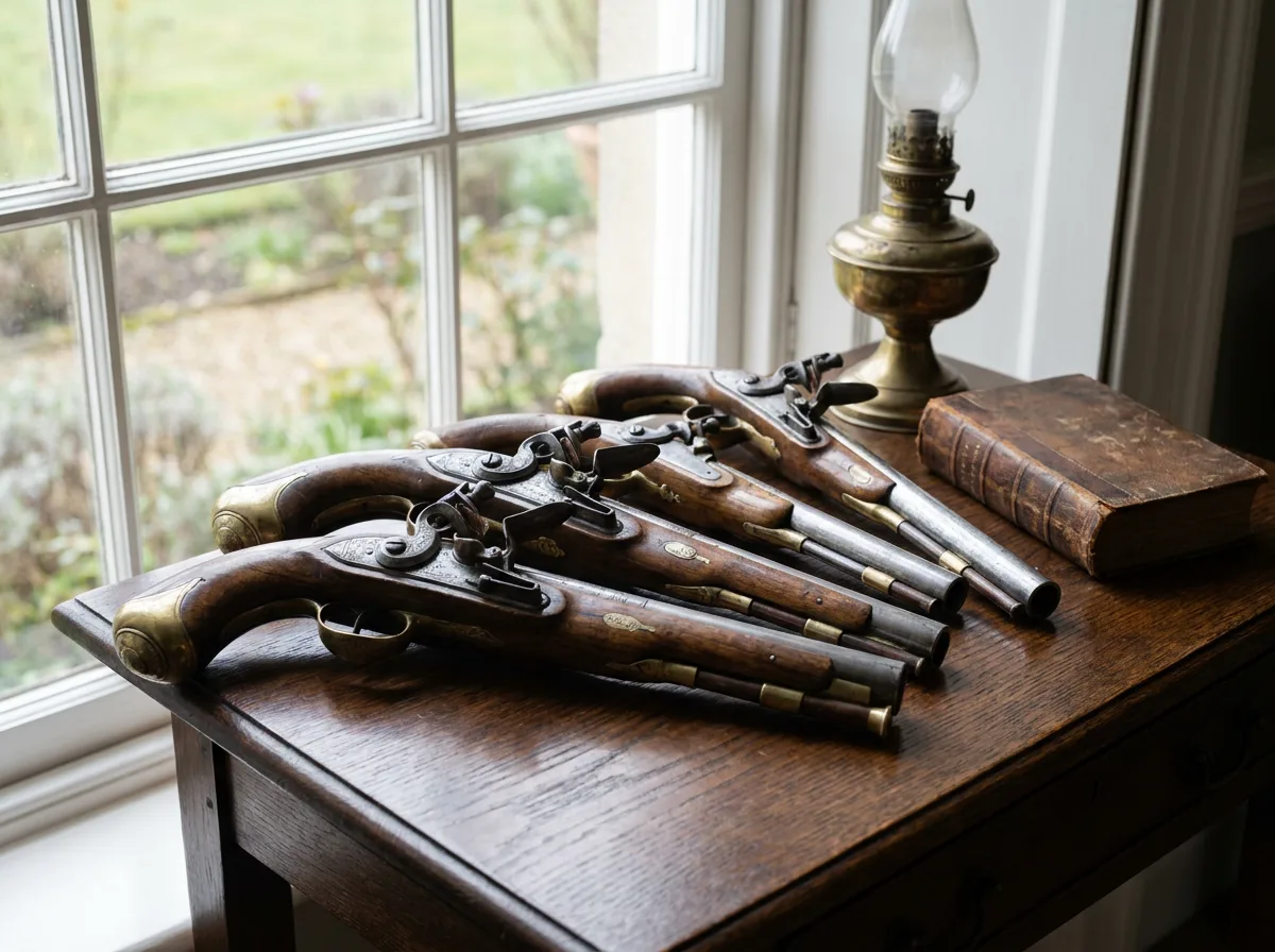 Antique handguns displayed on a polished wooden table with natural daylight