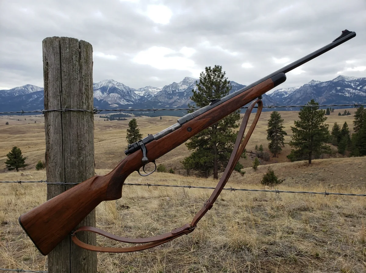 Hunting rifle propped against wooden fence post with Montana mountains and pine forest in background