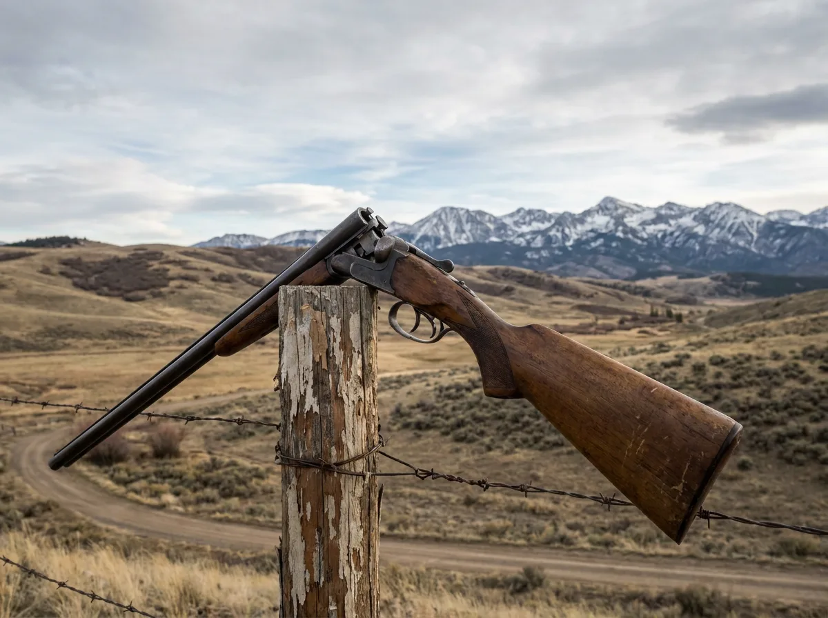 Shotgun resting on weathered wooden fence post with Montana mountains and ranch land in background