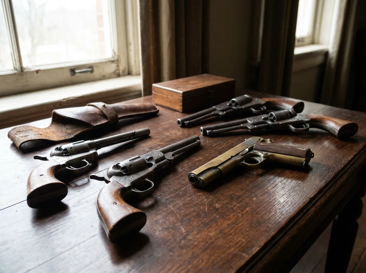 Antique revolvers and vintage collectible pistol arranged on polished wooden table under natural light