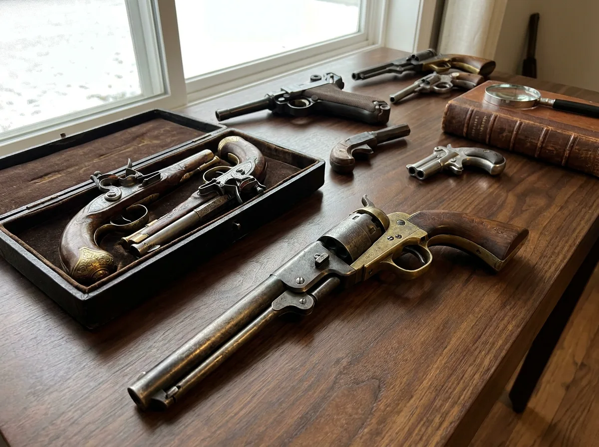 Antique revolver and collectible pistols on polished wooden table with natural lighting