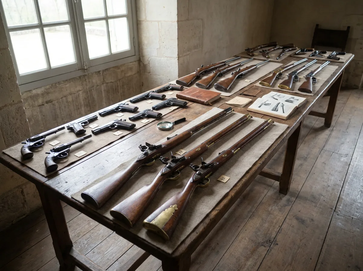 Collection of handguns, rifles, and antique firearms arranged on wooden table under natural daylight