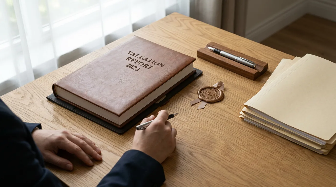 Professional desk with valuation report, certification seal, pen, and stacked documents in natural light