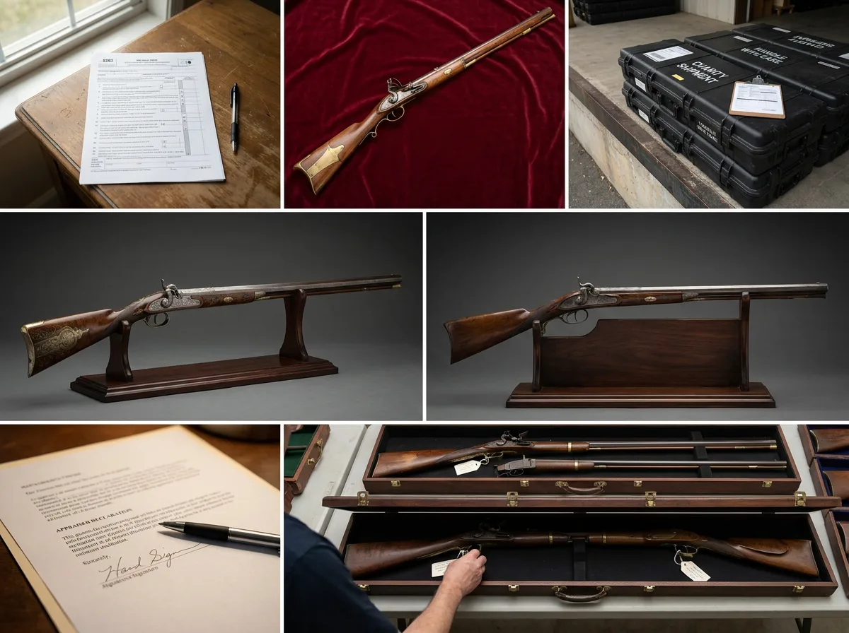 IRS Form 8283, antique rifle, appraisal documents, and firearm storage cases for charitable donation