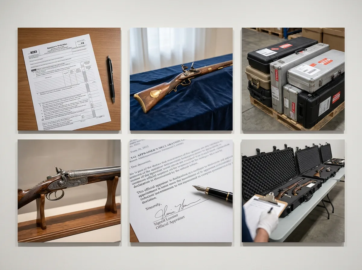 Six-panel documentation set: IRS Form 8283, antique rifles on display, firearm storage cases, appraiser declaration letter, and inventory review