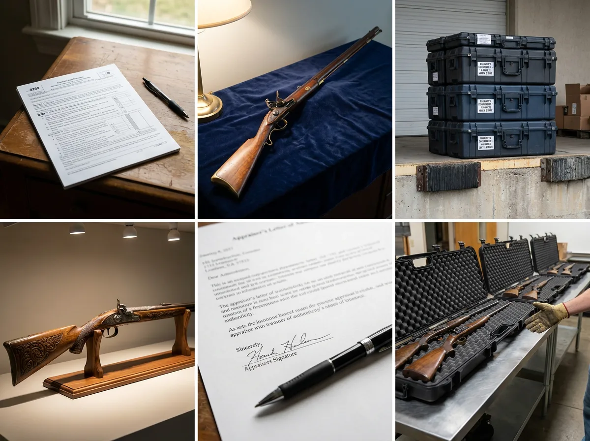 Completed IRS Form 8283 on wooden desk with pen under natural light