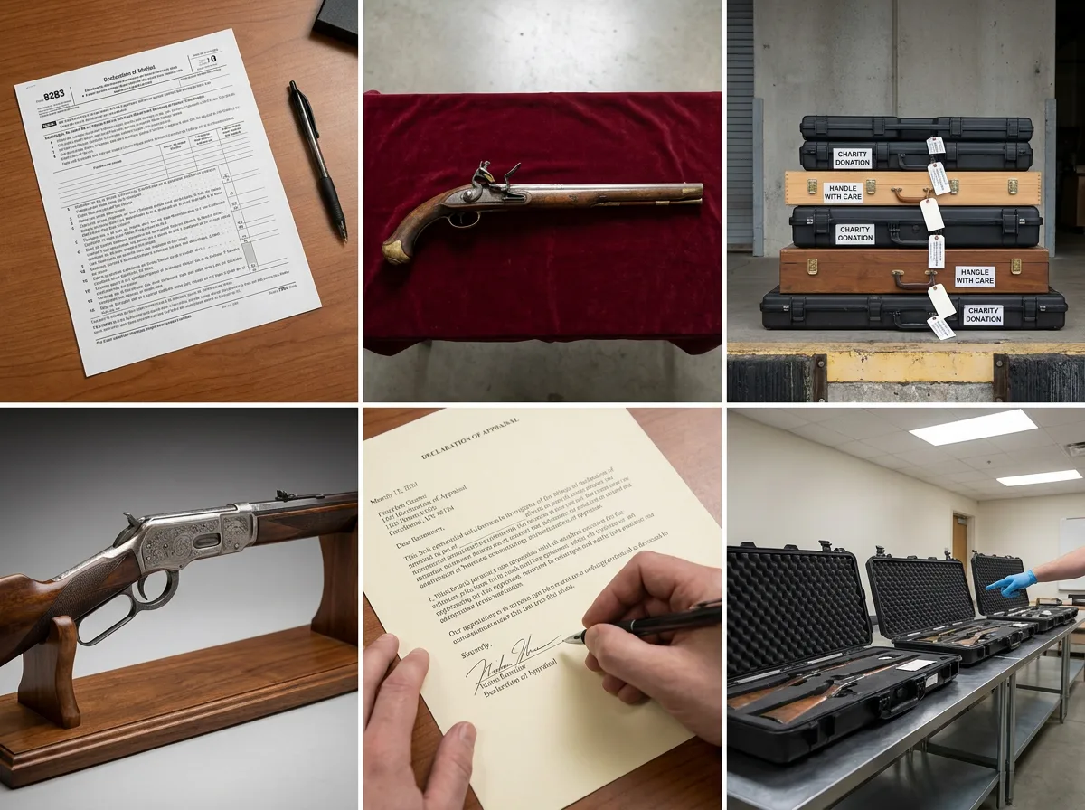 Six-panel sequence showing IRS Form 8283, antique rifles on display stands and velvet, labeled storage cases, appraiser declaration letter, and fir…