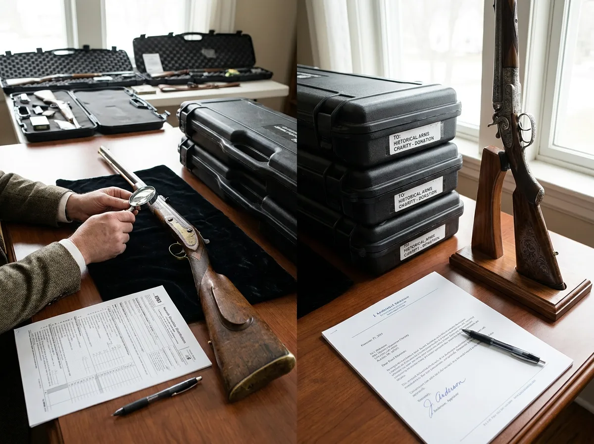 IRS Form 8283, antique rifles, appraisal letter, and firearm storage cases arranged for charitable donation documentation