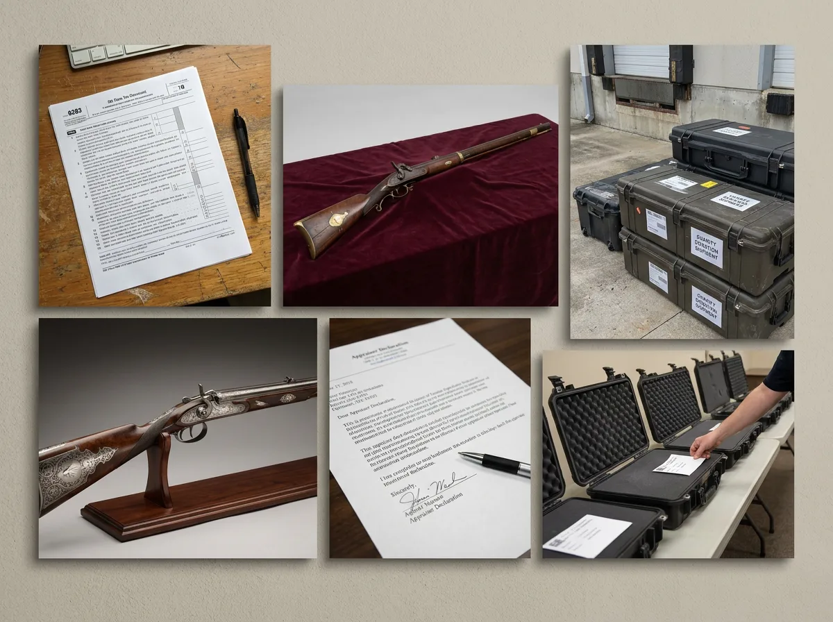 Firearms appraisal documents and antique rifles prepared for charitable donation valuation