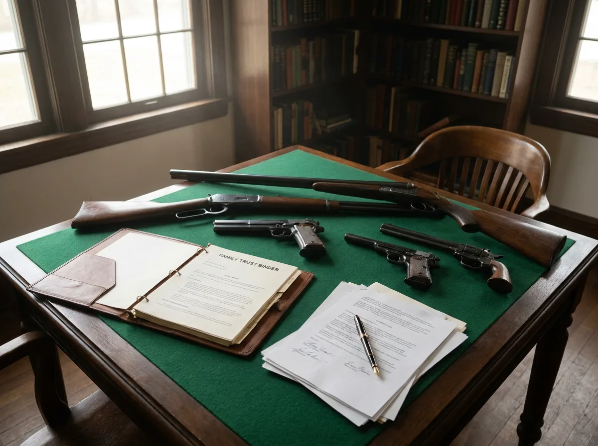 Firearms laid out on a felt-lined table beside a trust binder, pen, and signed documents
