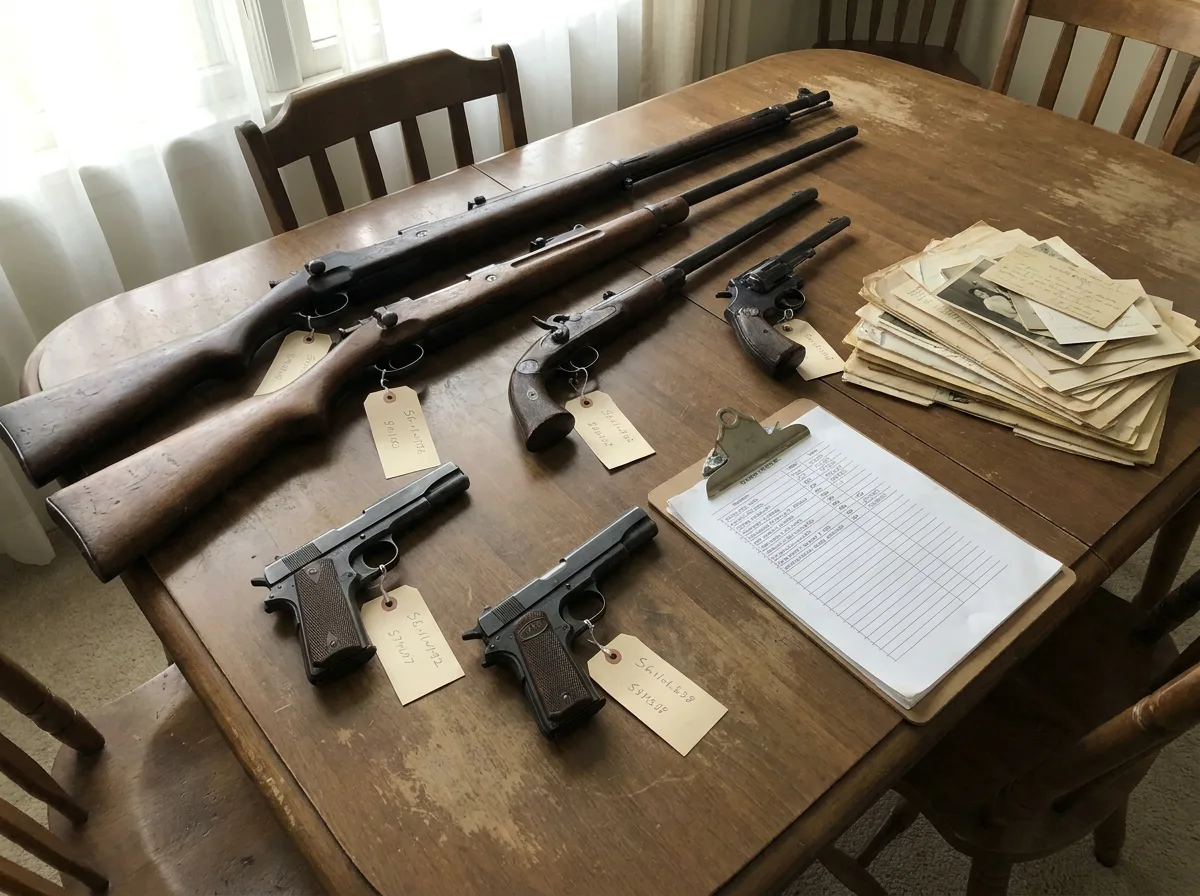 Inherited rifles and handguns on a wooden table beside an itemized inventory clipboard and old family papers
