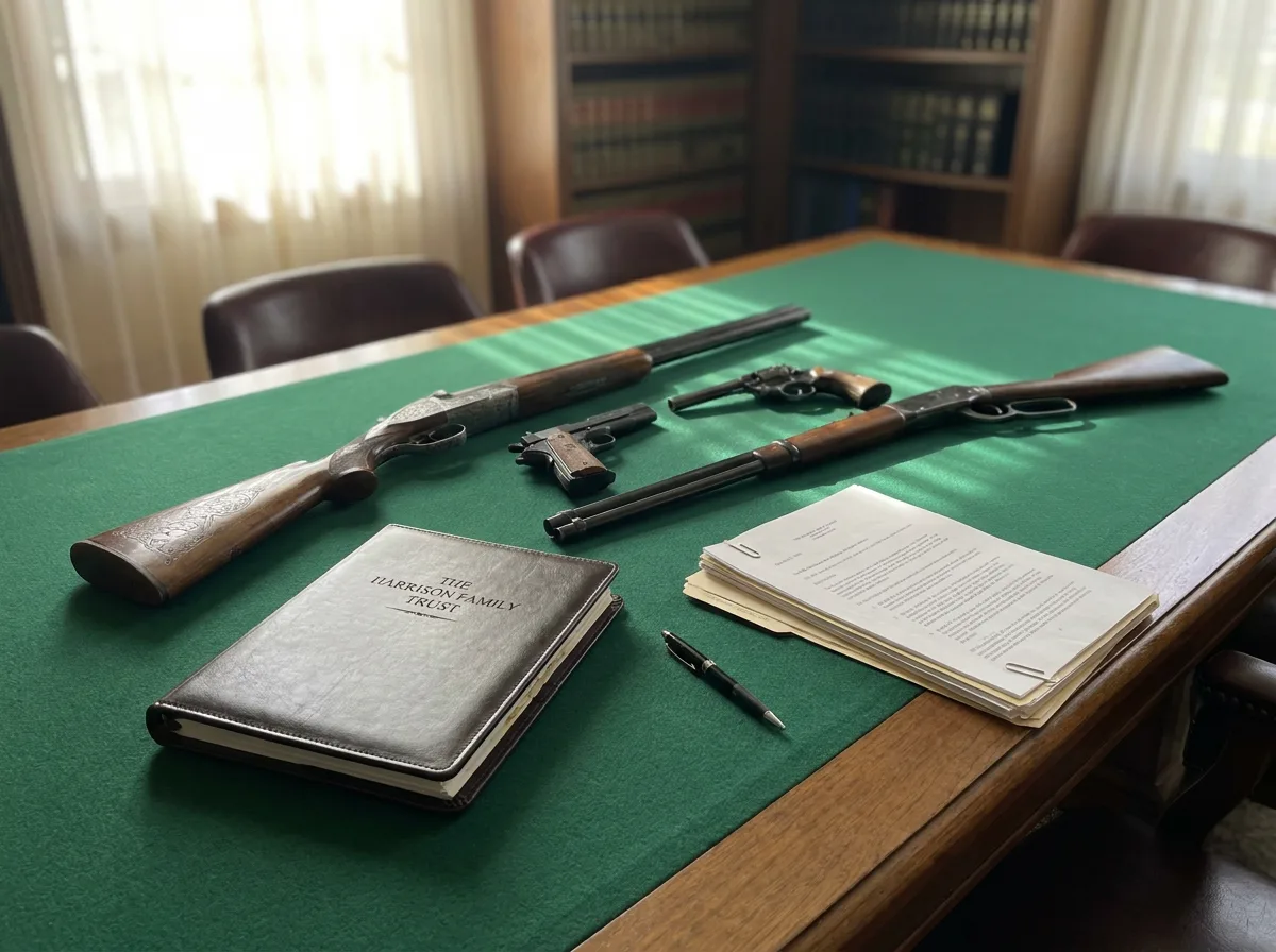 Rifles and handguns on a table beside gift tax paperwork and a pen