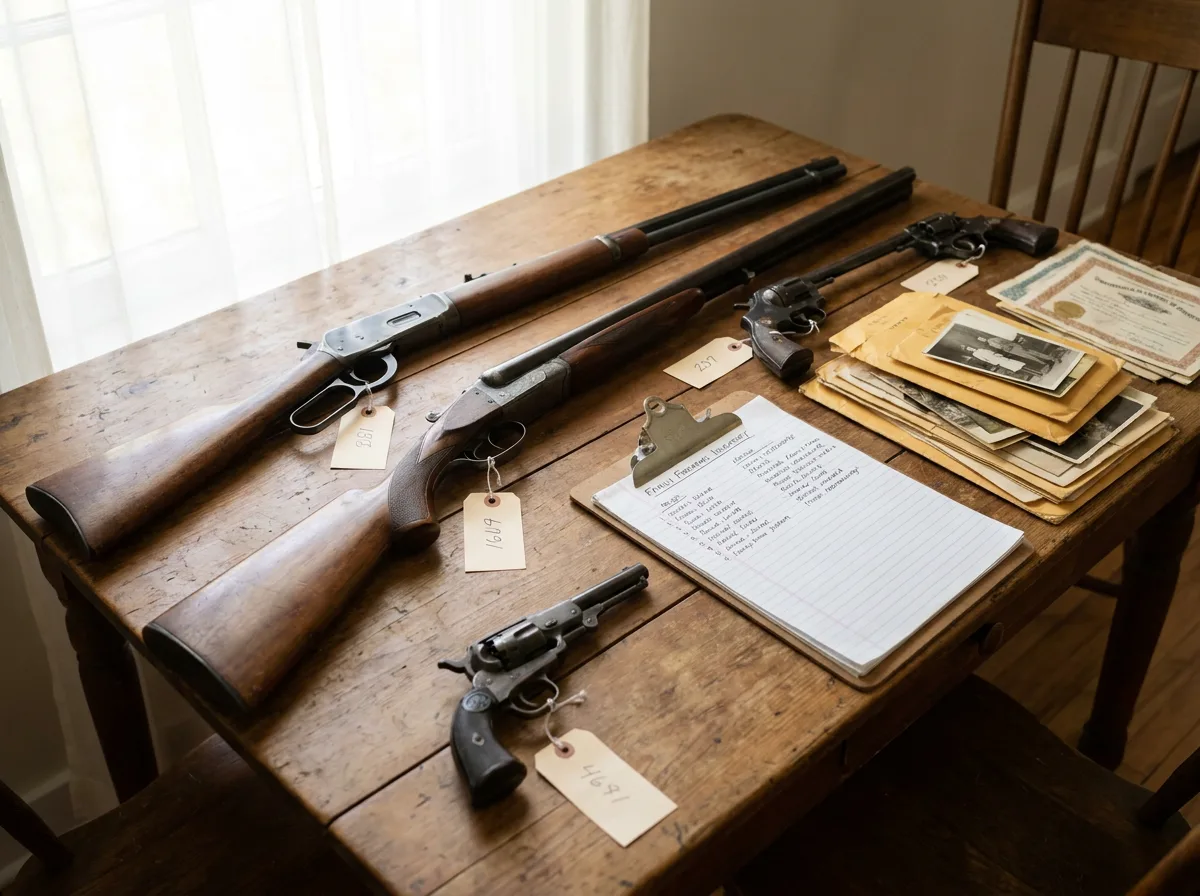 Inherited rifles and handguns on a wooden table beside an itemized inventory clipboard and family papers