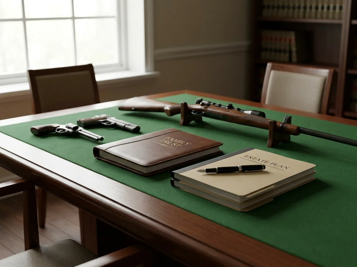 Firearms laid out on a green felt table beside a closed binder, pen, and legal documents in soft window light