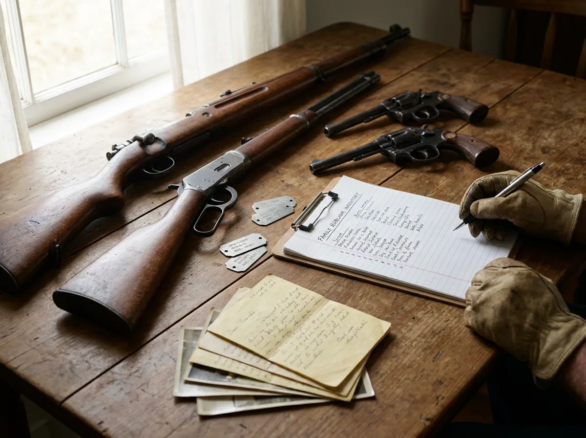 Inherited rifles and handguns on a wooden table beside an itemized inventory clipboard and serial number tags
