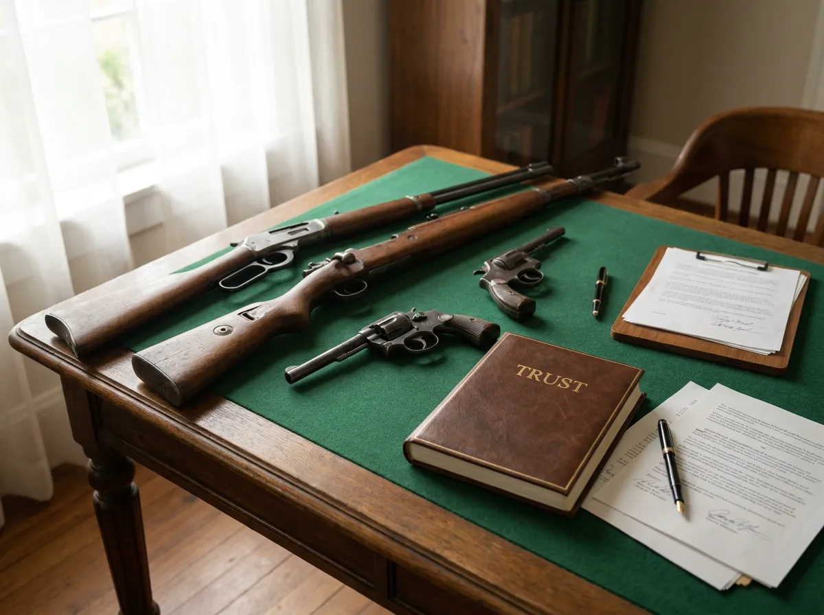 Vintage rifles and handguns on green felt table beside trust binder, pen, and signed documents