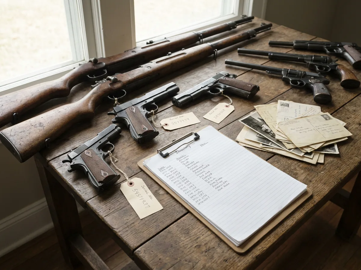Inherited rifles and handguns on a wooden table beside an itemized inventory clipboard and serial number tags