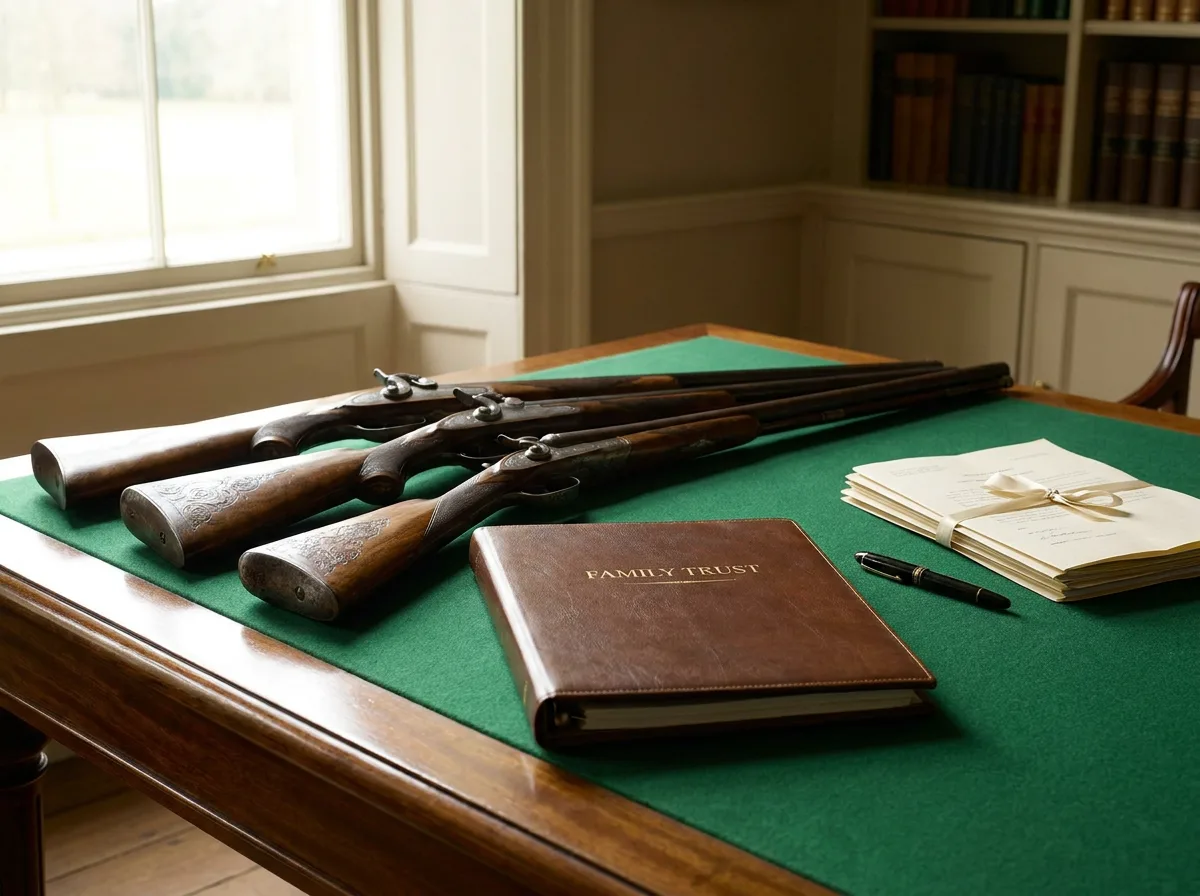 Collection of firearms beside an updated estate plan binder and pen