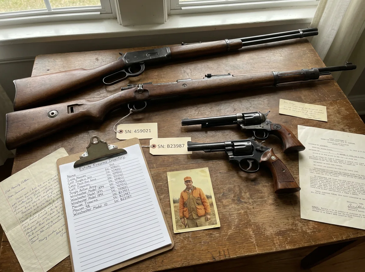 Inherited rifles and handguns on wooden table beside itemized inventory clipboard and serial number tags