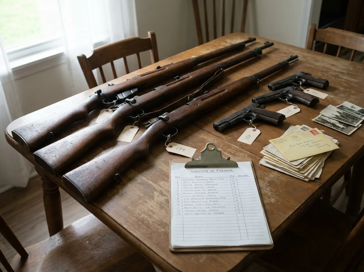 Inherited rifles and handguns on a wooden table beside an itemized inventory clipboard and serial number tags
