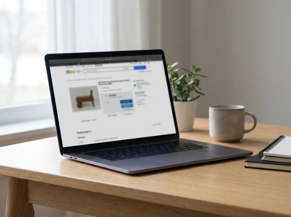 Laptop on a clean wooden desk showing a blurred auction listing page