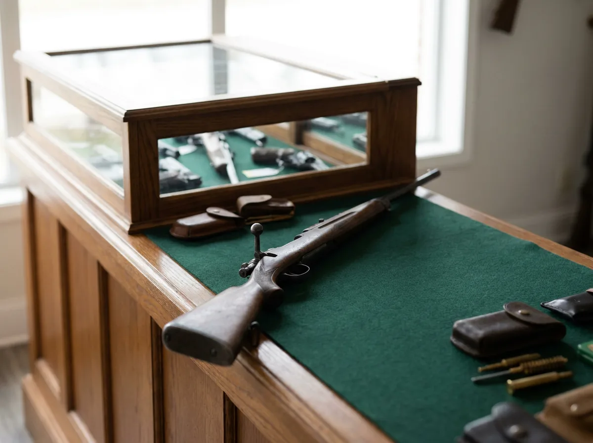 Rifle laid on a green felt mat on a gun shop