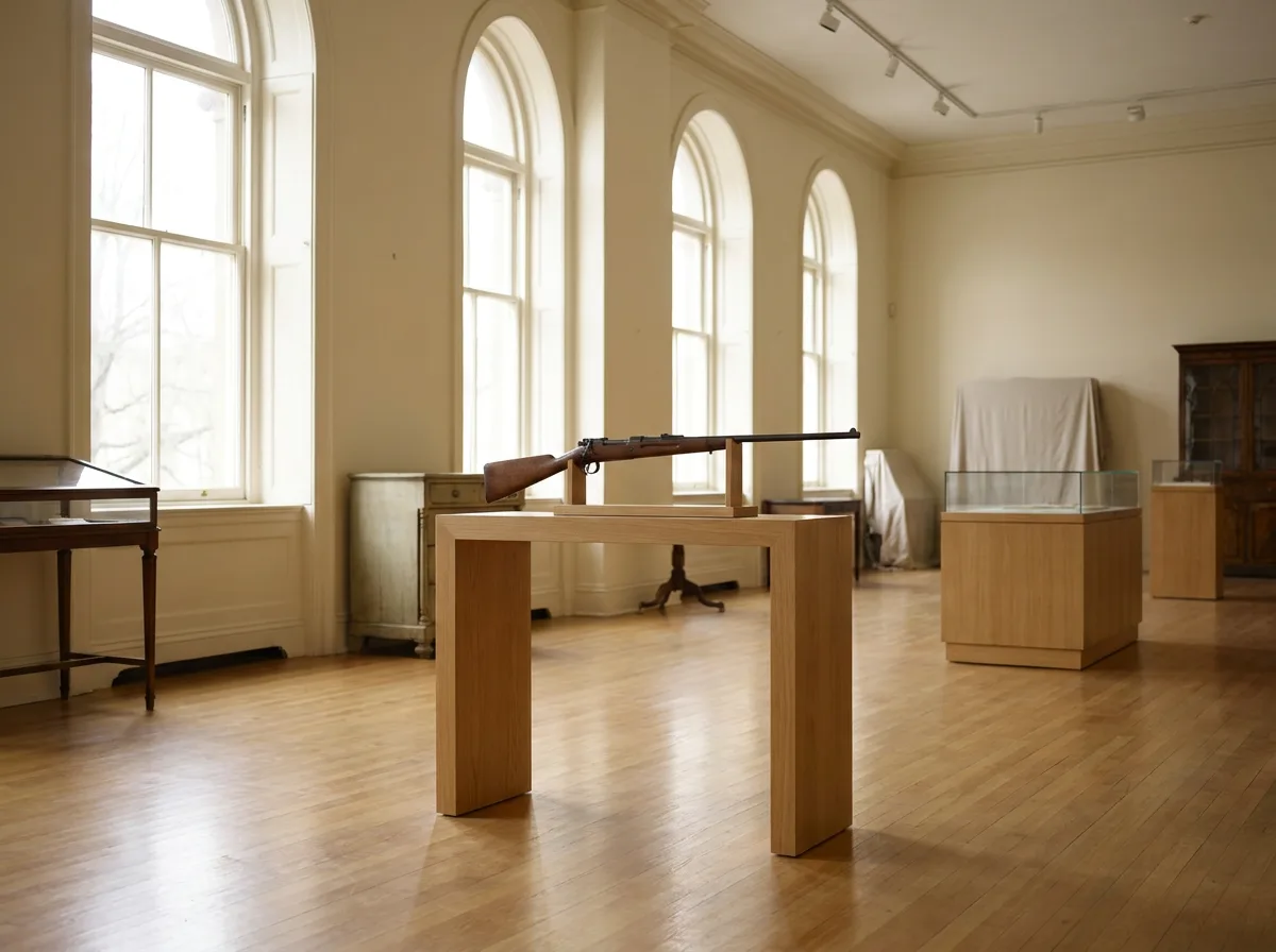 A vintage rifle displayed on a pedestal in a bright auction gallery under soft daylight