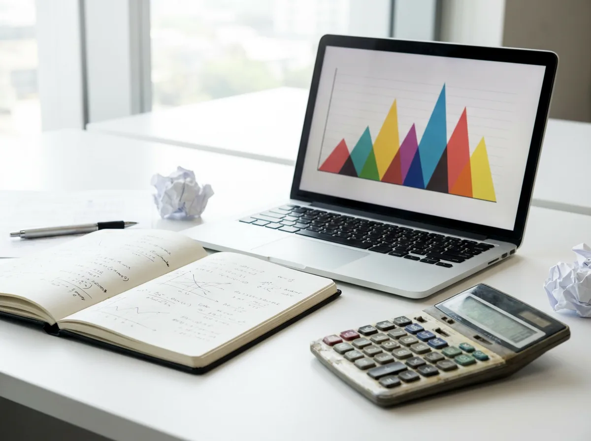 Laptop showing a price chart beside a notebook of handwritten calculations and a calculator on an office desk